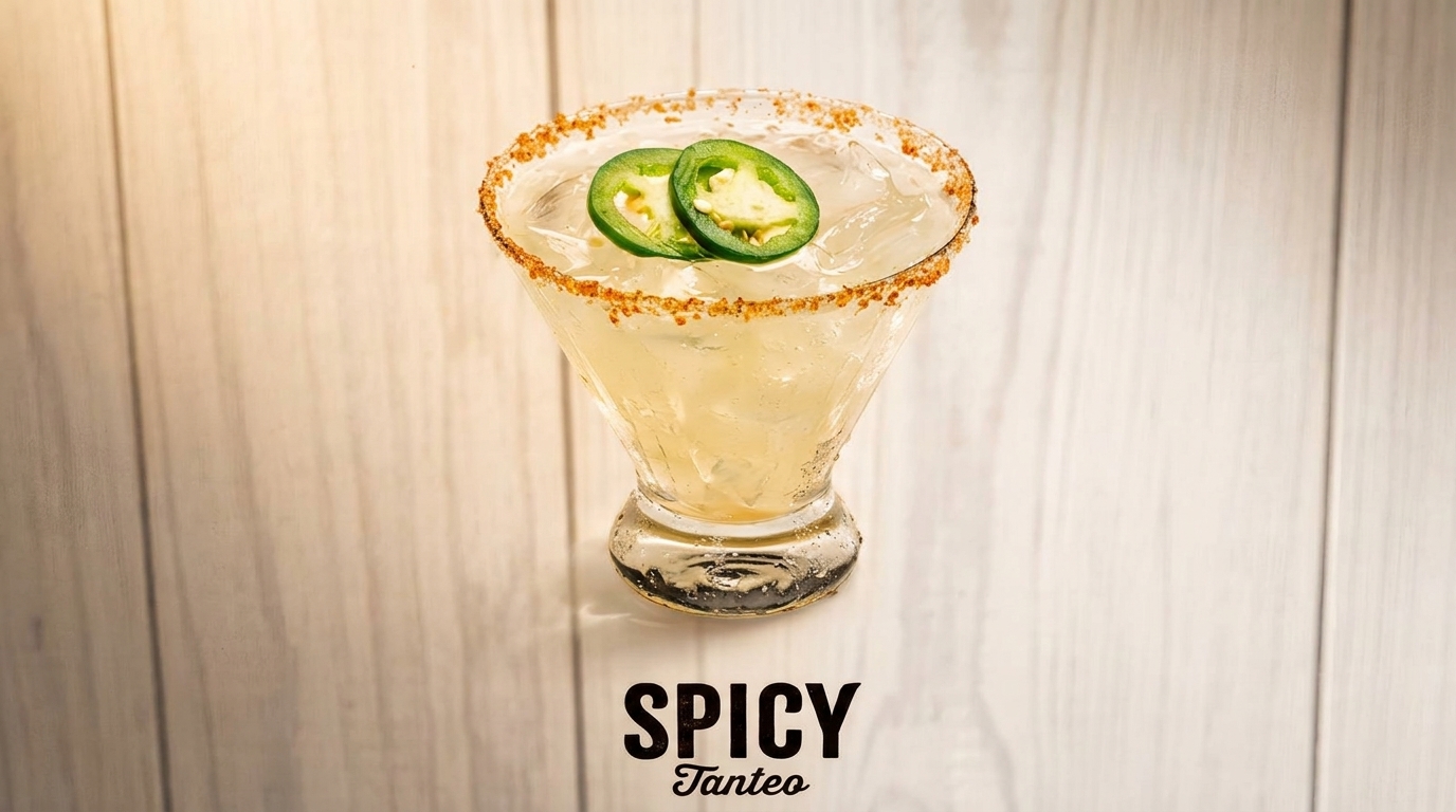 Spicy margarita with jalapeño slices and a chili-salt rim on a light wooden surface.