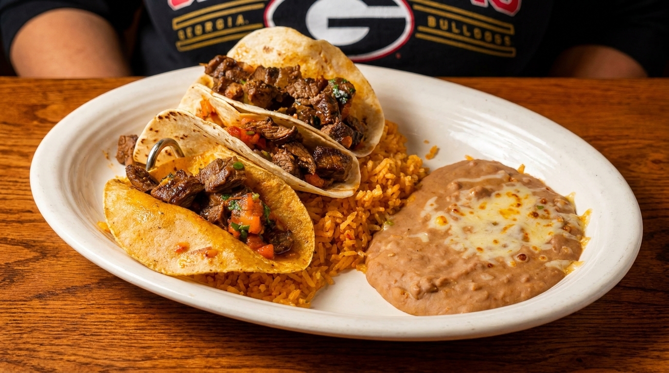 Three steak tacos with rice and refried beans with melted cheese on a white plate.