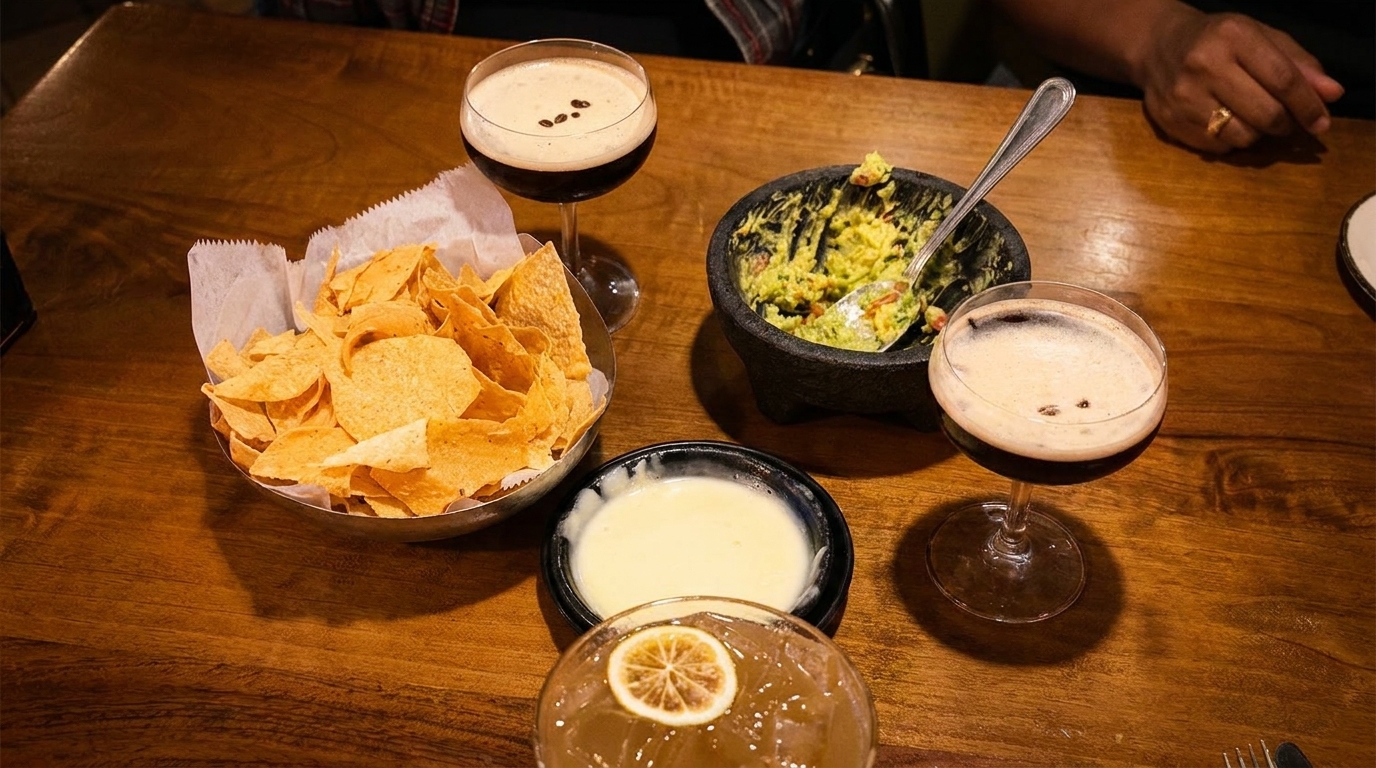 Nachos with guacamole, queso, and two espresso martinis on a wooden table.