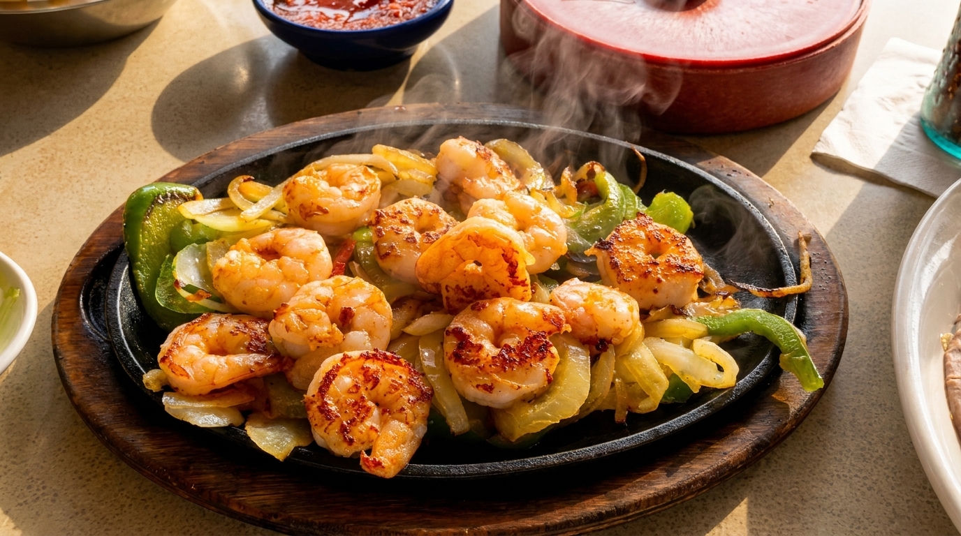 Sizzling shrimp fajitas with onions and green peppers on a cast iron skillet.