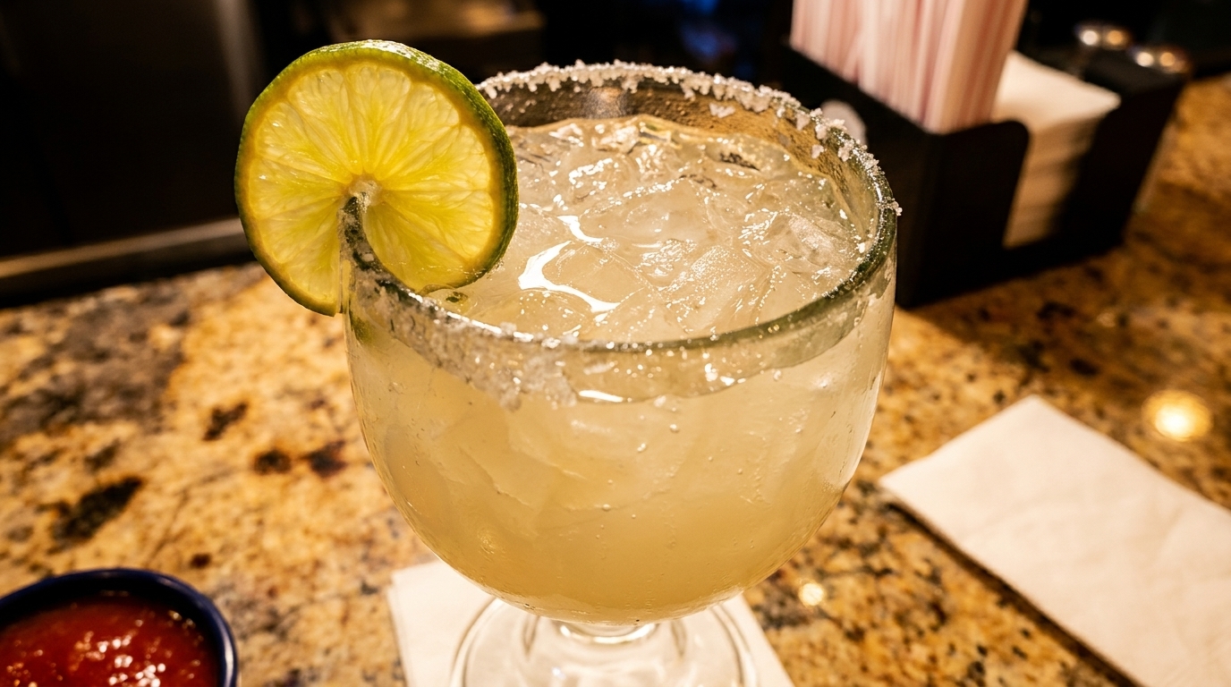 A refreshing margarita with a salted rim and lime wedge, next to a bowl of salsa.