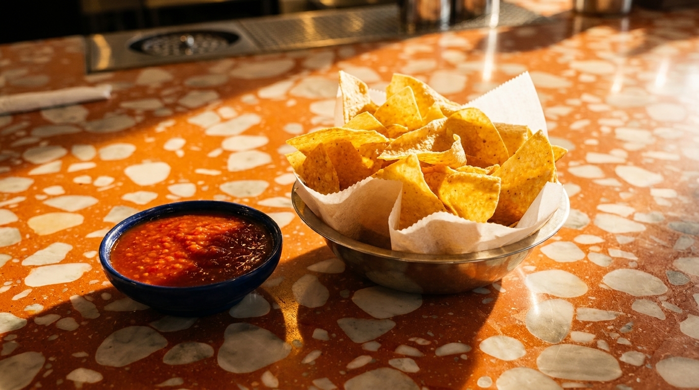 A bowl of tortilla chips and a small blue bowl of salsa on a speckled orange table.