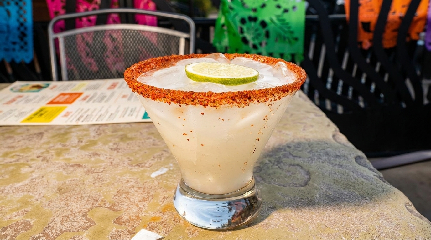 Margarita with a chili-lime rim and lime slice on a stone table with a menu and colorful decor.
