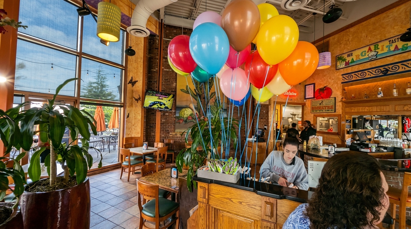 Colorful balloons decorate a lively restaurant interior with large windows and a bar area.