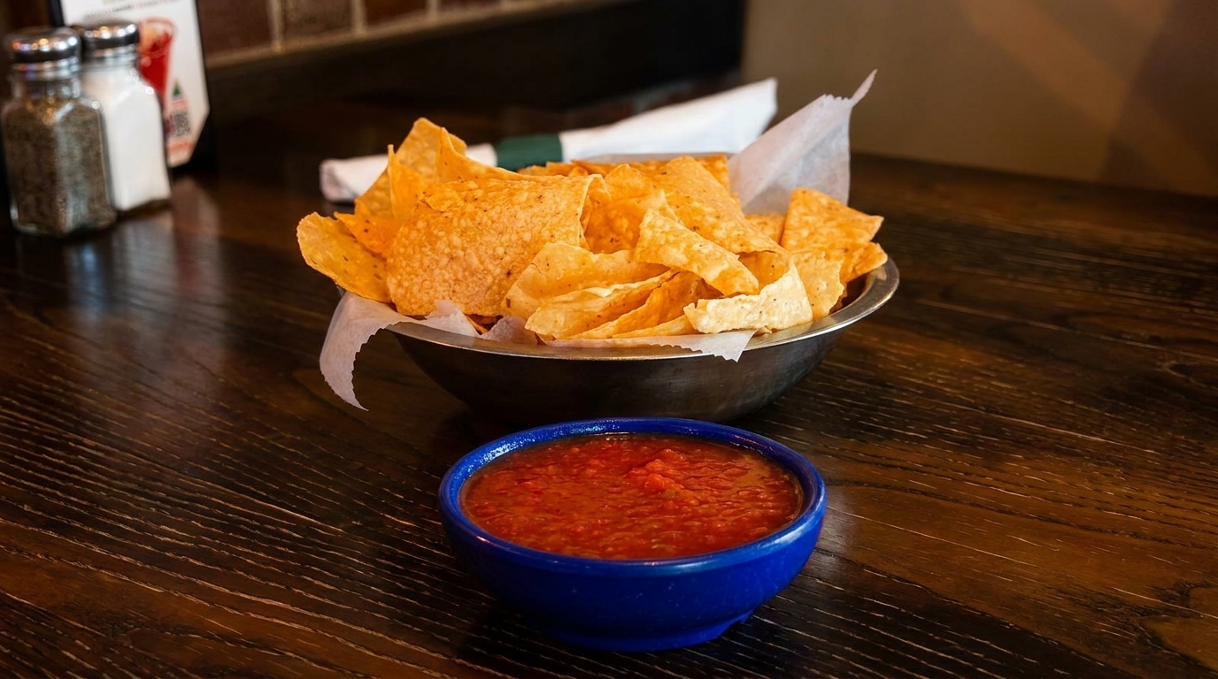 A bowl of tortilla chips and a small blue bowl of salsa on a dark wooden table.