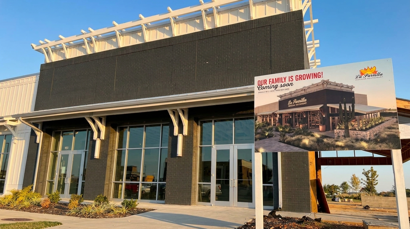 Exterior of a new building with a "La Parrilla Mexican Restaurant coming soon" sign.