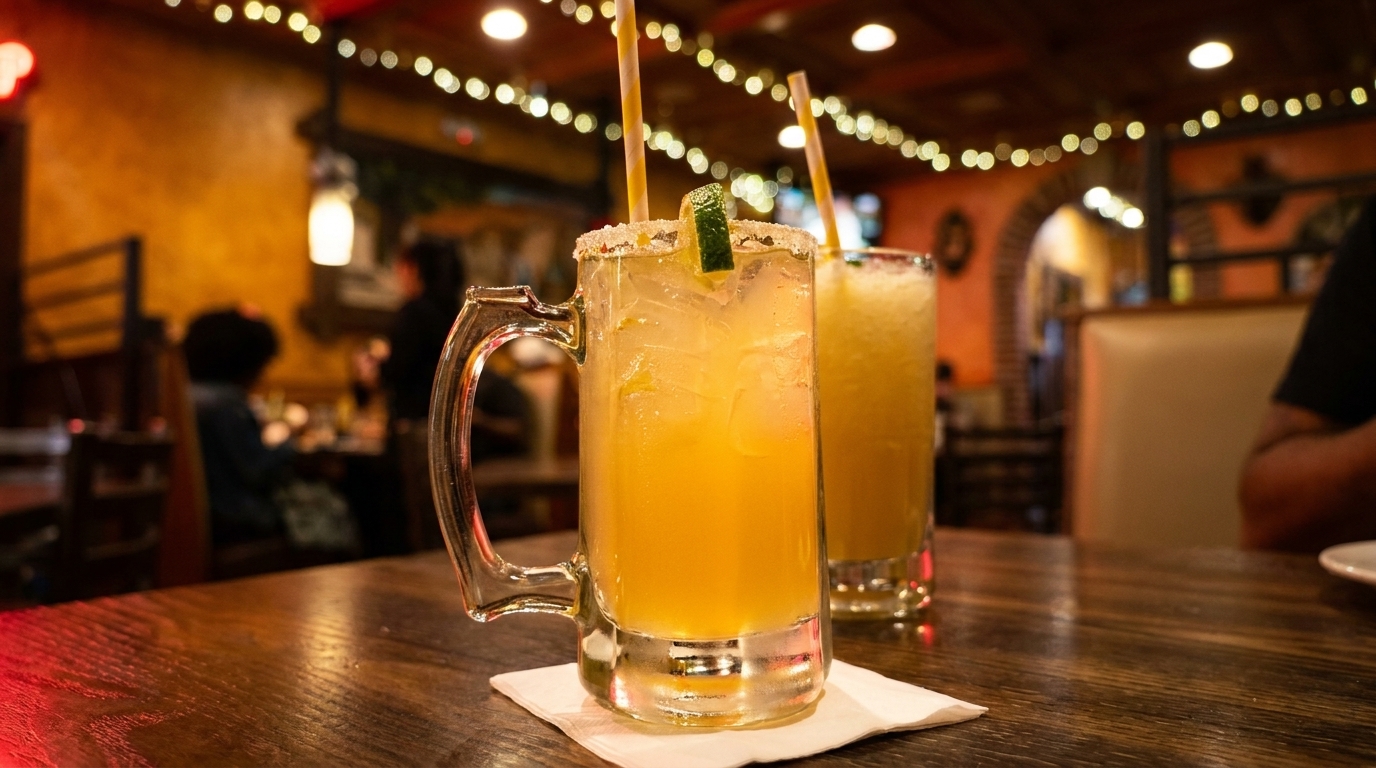Two margaritas with lime and salt on a wooden table in a dimly lit restaurant.