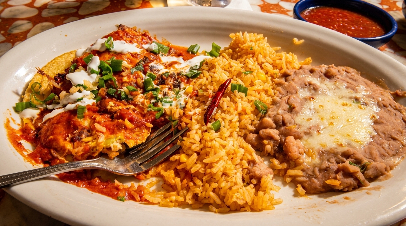 Mexican breakfast plate with huevos rancheros, rice, refried beans, and a side of salsa.