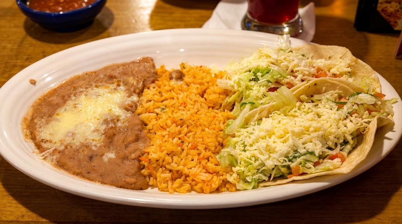 A white plate with refried beans, orange rice, and two tacos topped with lettuce and cheese.