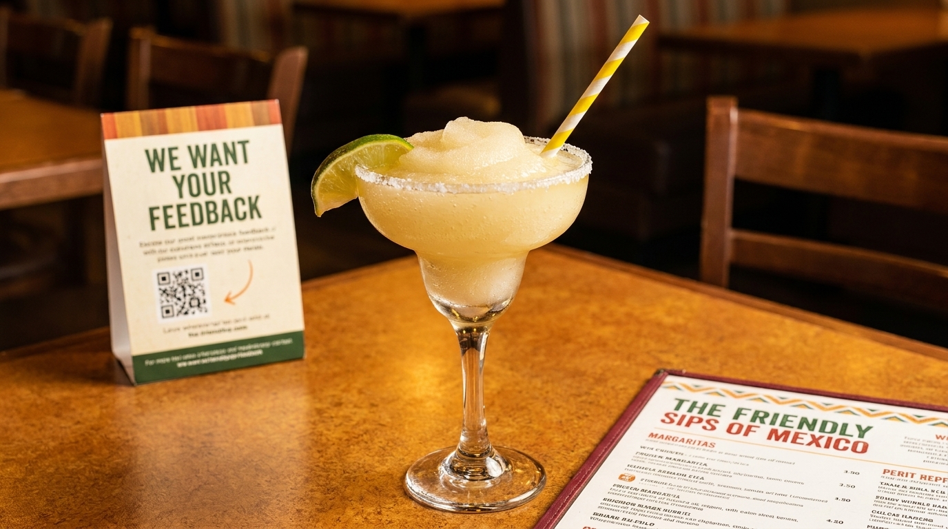A frozen margarita with a lime wedge and striped straw on a table with a feedback sign and menu.