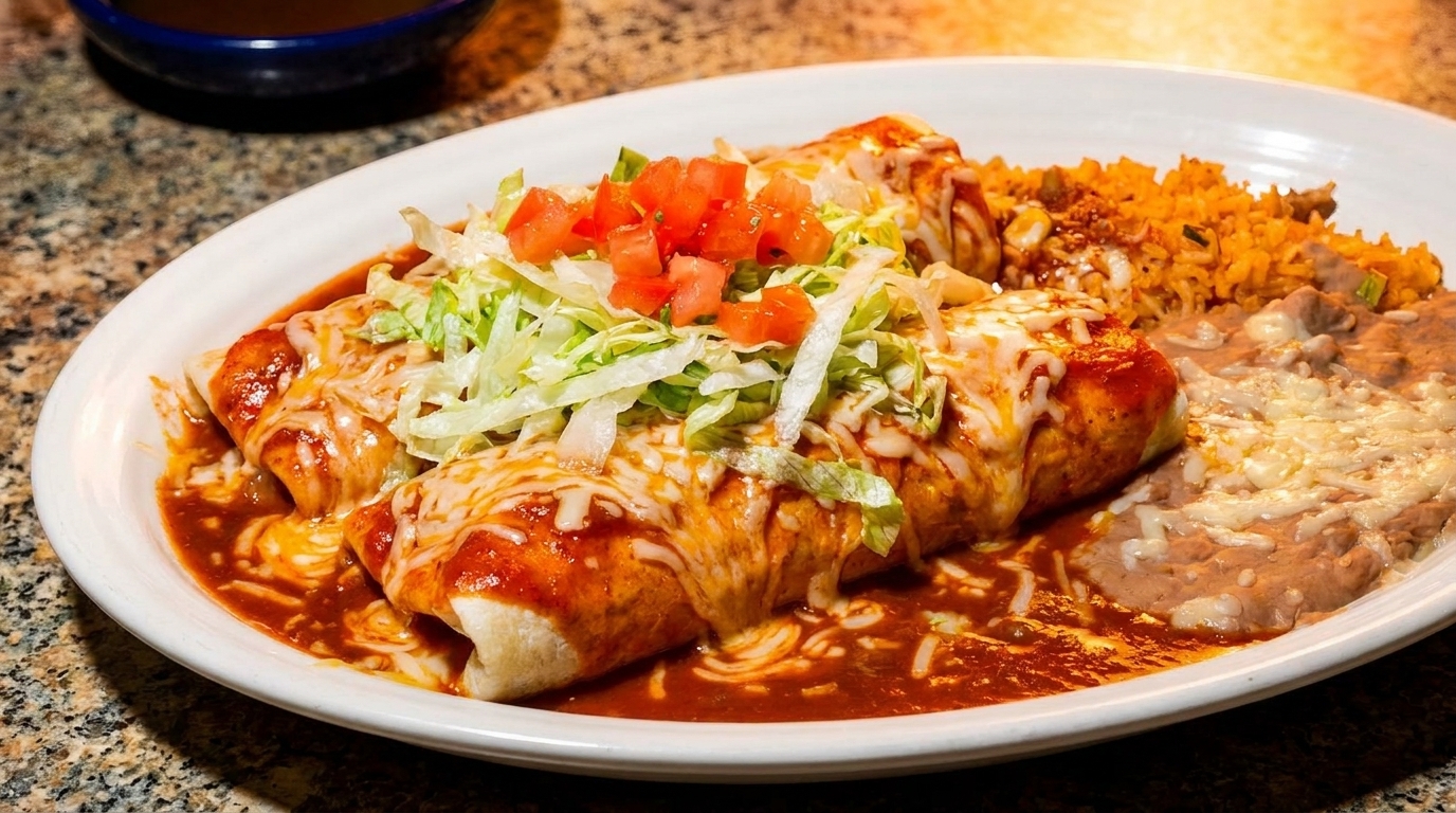 Two cheesy burritos covered in red sauce, lettuce, and diced tomatoes, with rice and refried beans.