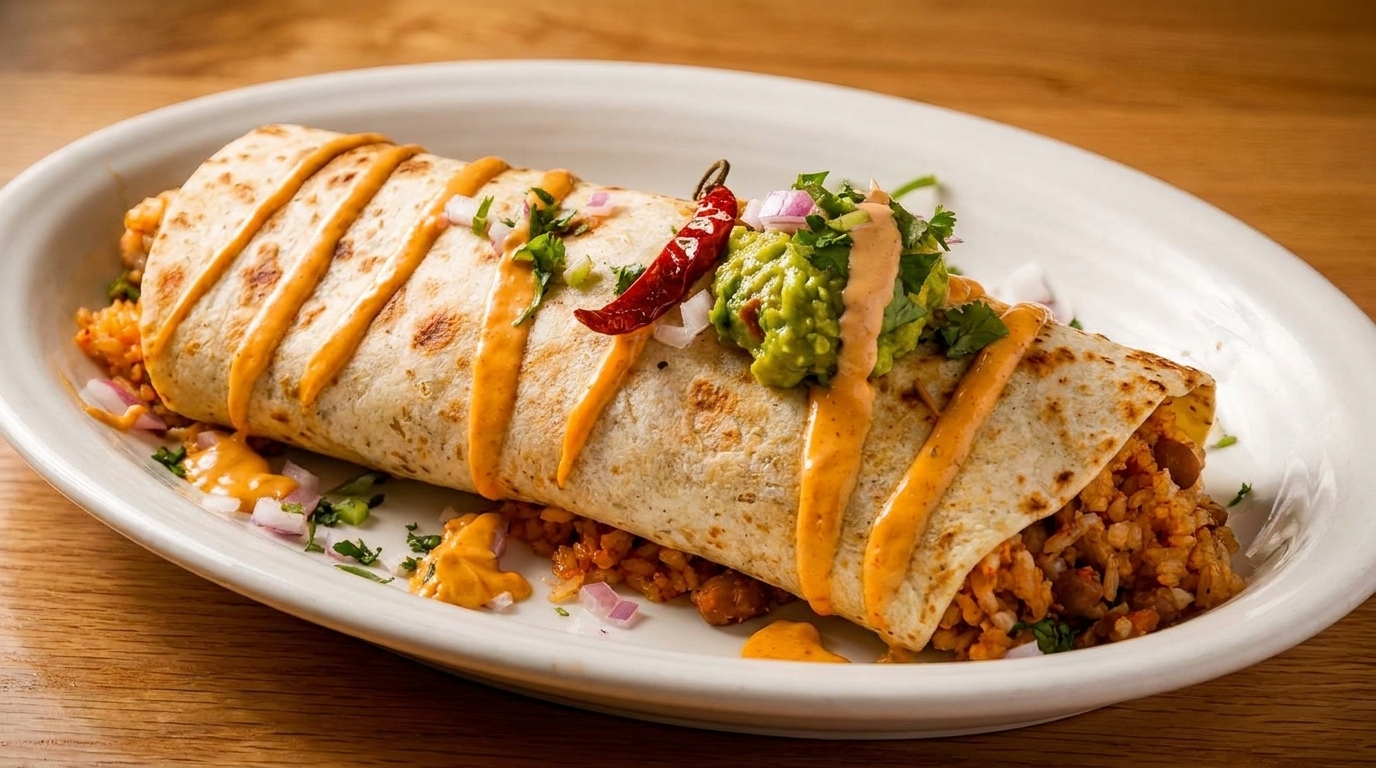 A large burrito on a white plate, topped with sauce, guacamole, red onion, cilantro, and a dried red chili.