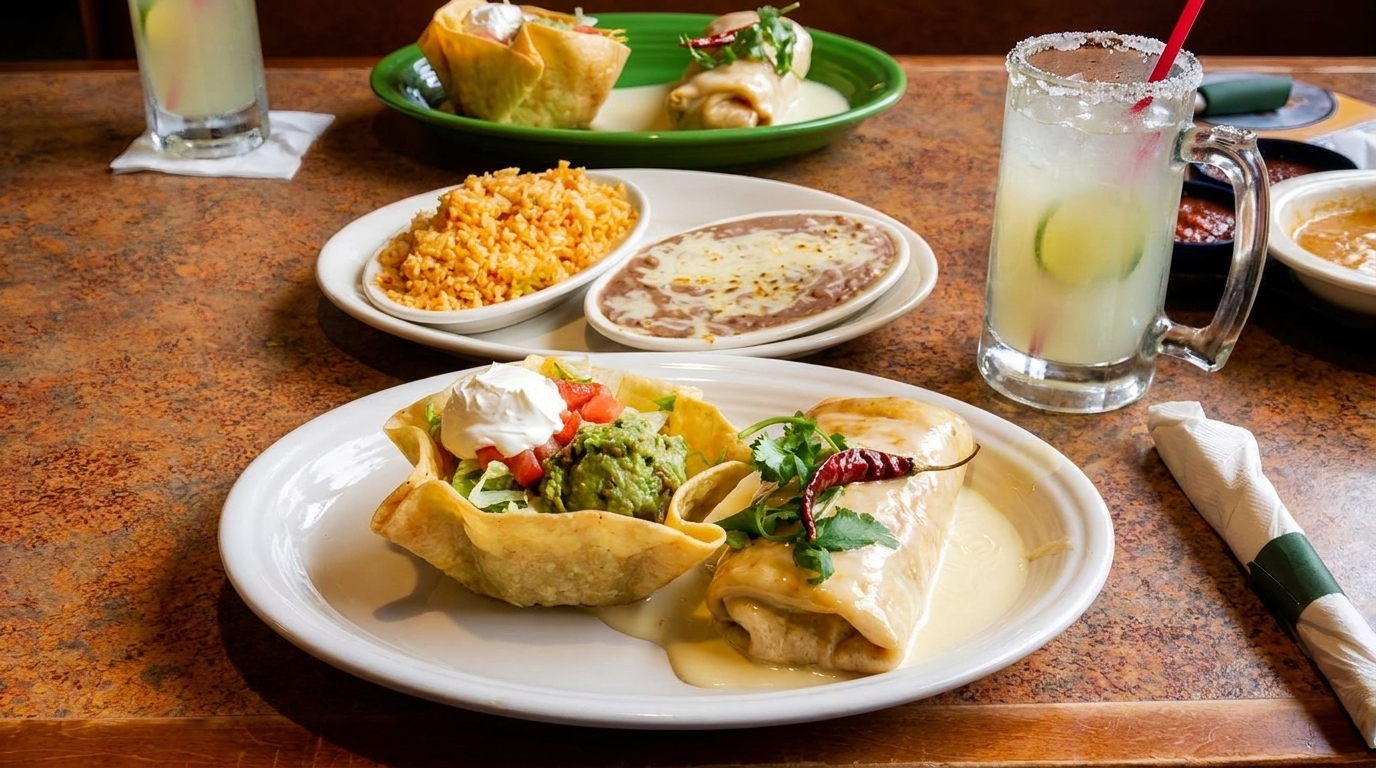 A table laden with Mexican dishes including burritos, tacos, rice, beans, and margaritas.