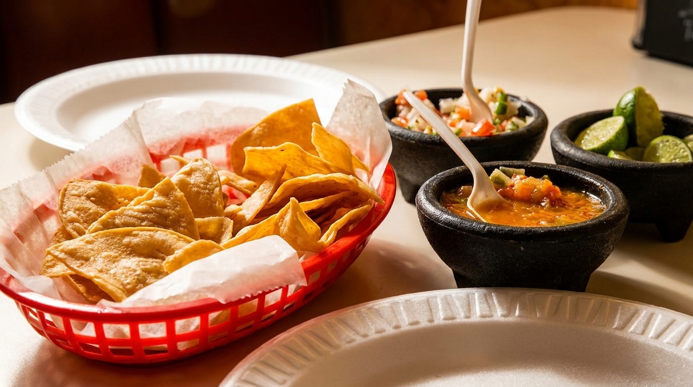 A red basket of tortilla chips with three small bowls of salsa, pico de gallo, and limes.