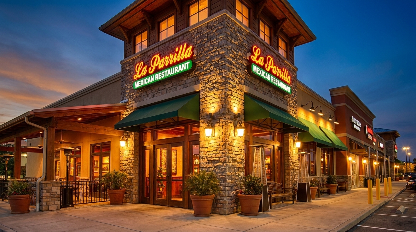 Exterior of La Parrilla Mexican Restaurant at dusk, with glowing neon signs and outdoor patio seating.