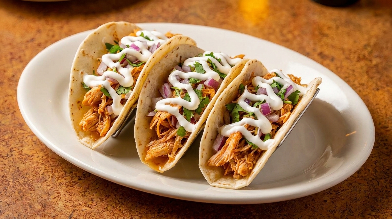 Three chicken tacos with cilantro, red onion, and crema on a white plate.