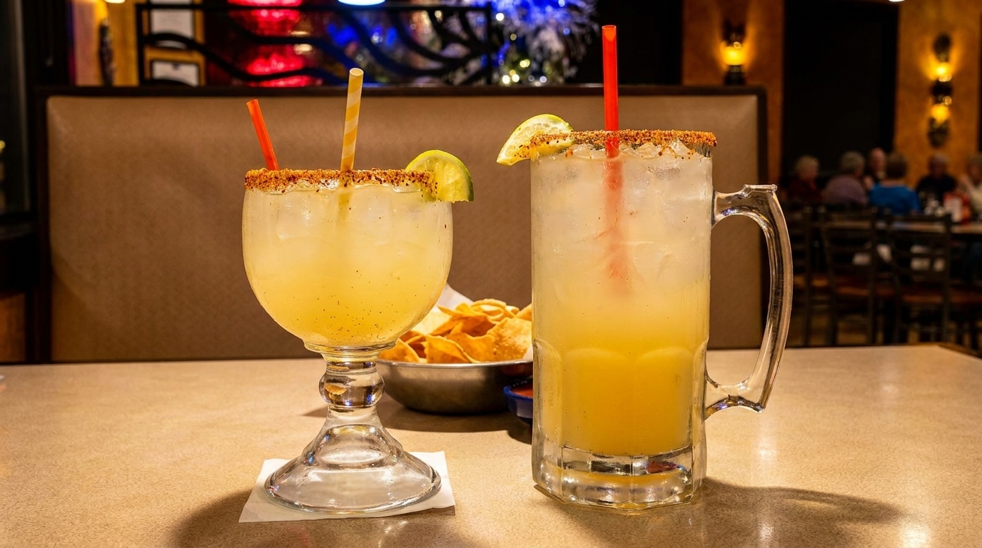 Two margaritas with chili-lime rims and lime wedges, with chips and salsa in a restaurant.