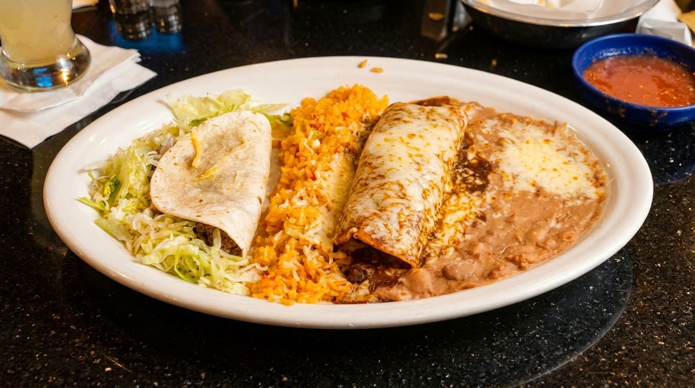 A white plate holds a burrito, taco, rice, and refried beans with a side of salsa.