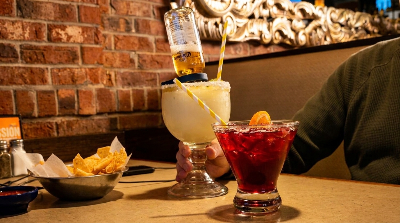 A person holding a margarita with an upside-down beer, next to a red cocktail and chips.