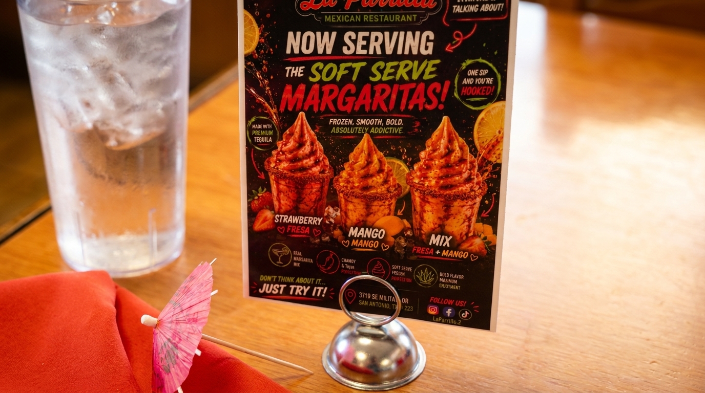 A table tent advertises La Parrilla Mexican Restaurant's new soft serve margaritas in strawberry, mango, and mixed flavors.
