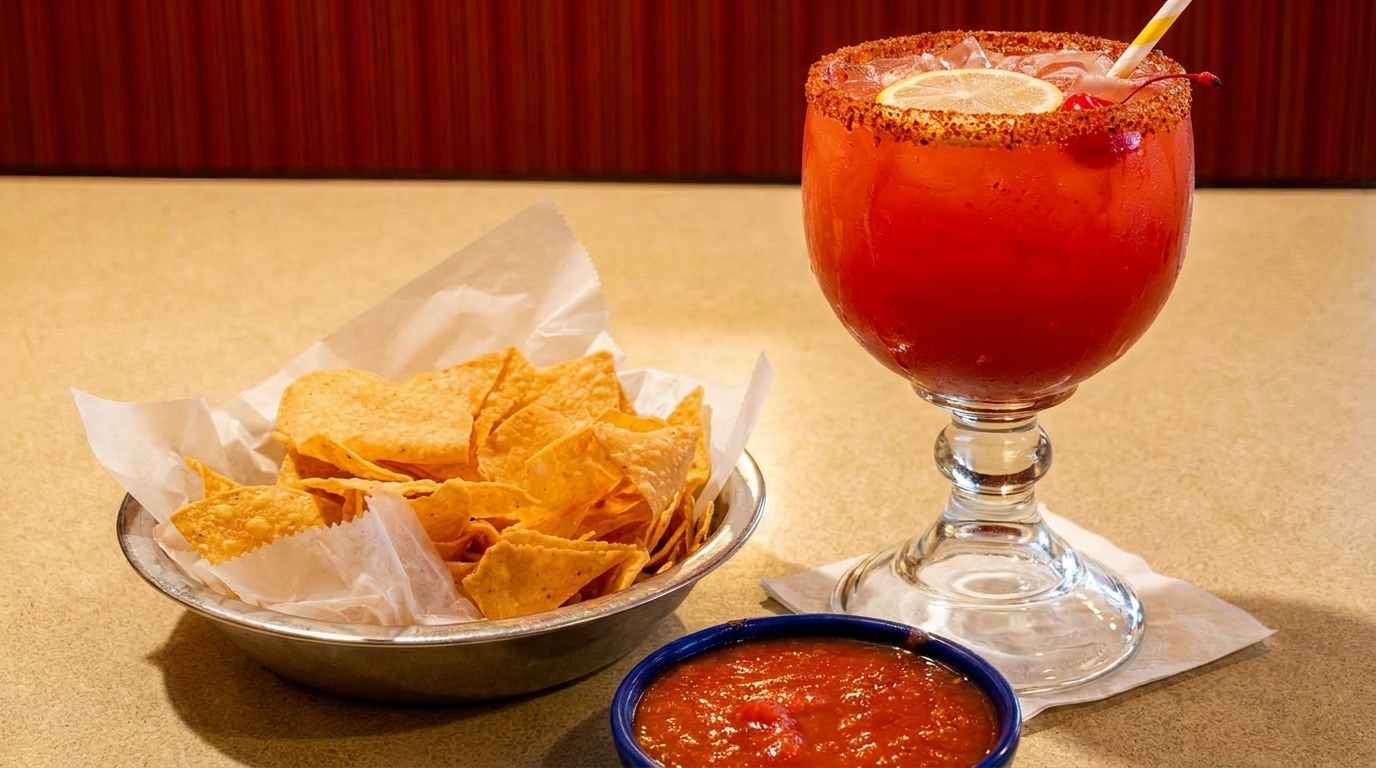 A red drink with a lemon, cherry, and chili-lime rim next to a bowl of tortilla chips and salsa.