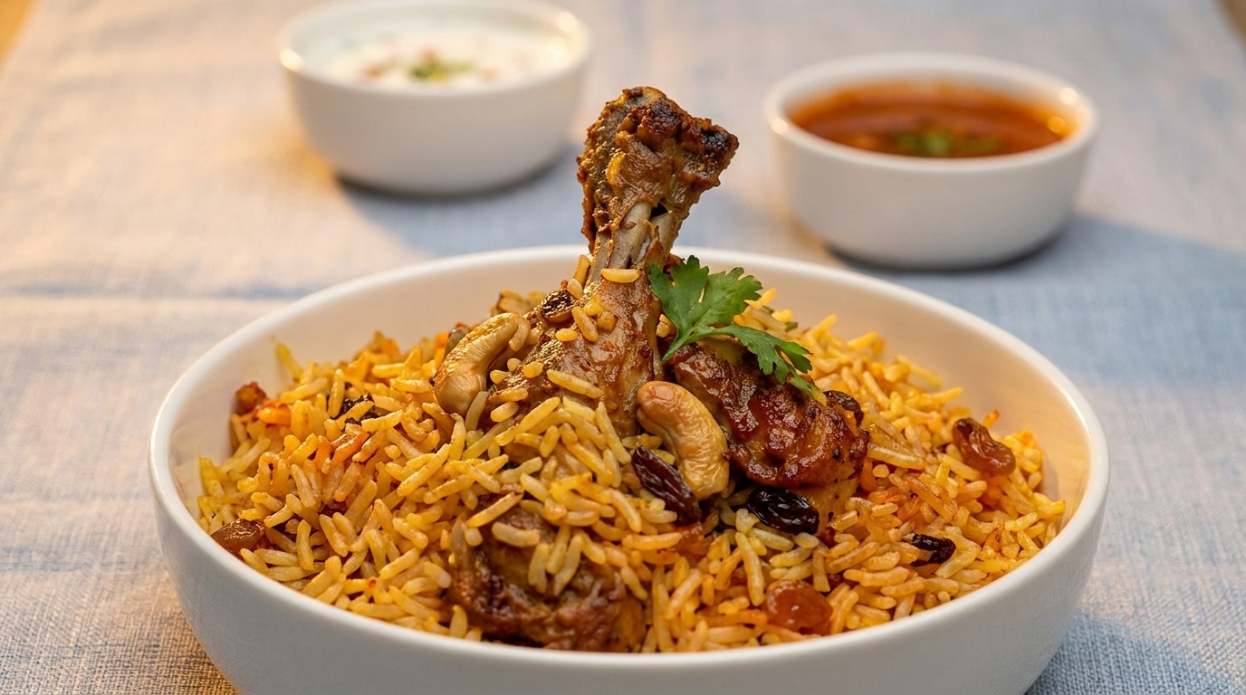 Chicken biryani with cashews, raisins, and cilantro, served with two side sauces.