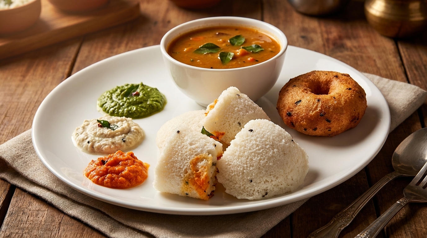 A white plate with idli, vada, sambar, and three chutneys on a wooden table.