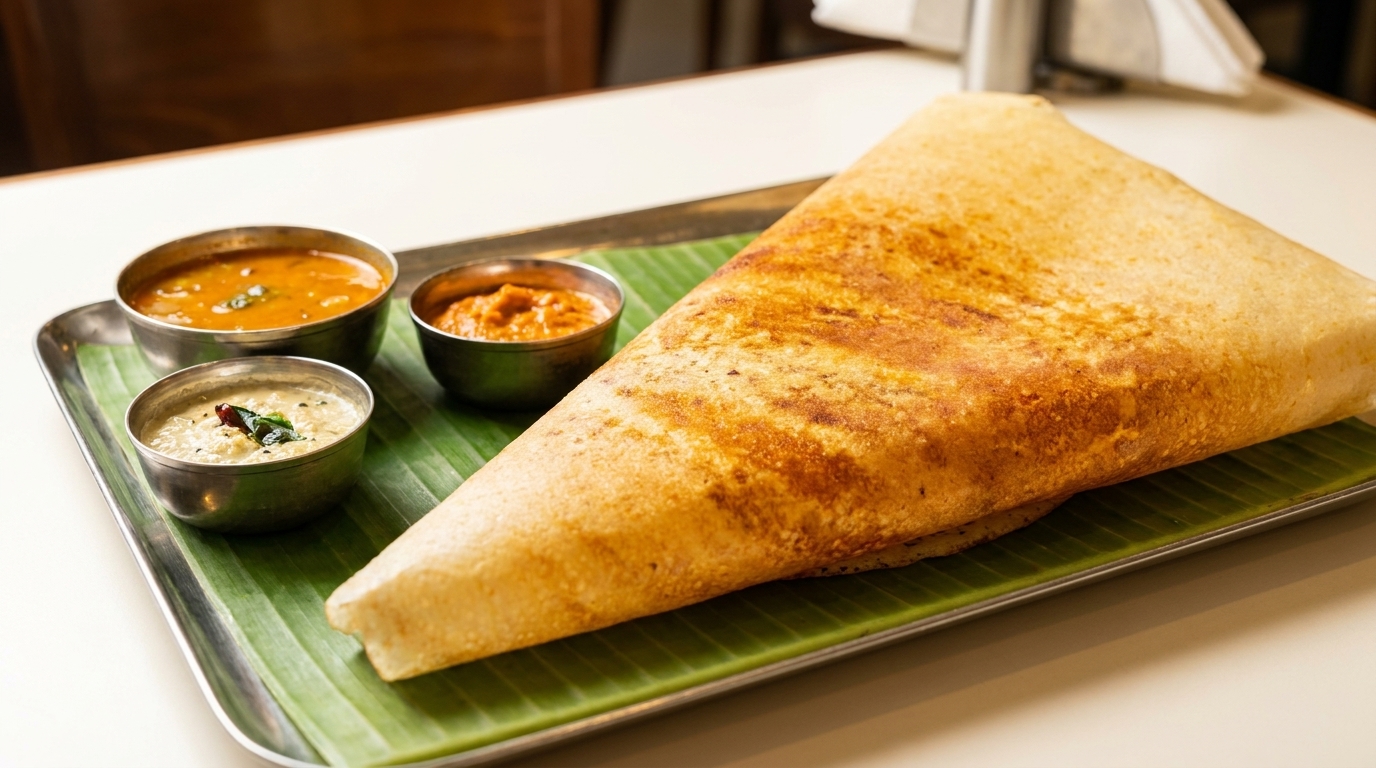 Golden-brown dosa on a banana leaf with three small bowls of chutney and sambar on a metal tray.