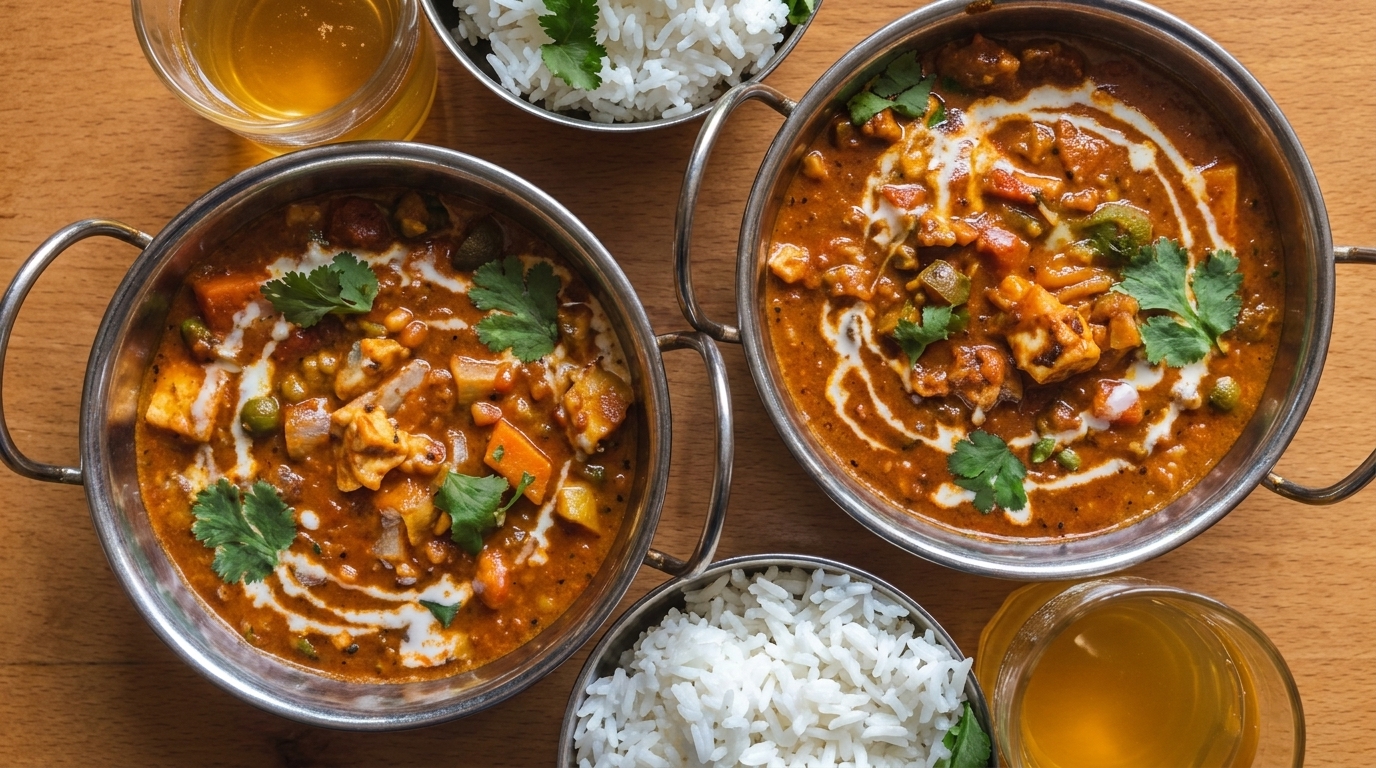 Two bowls of Indian curry with paneer and vegetables, served with rice and drinks.