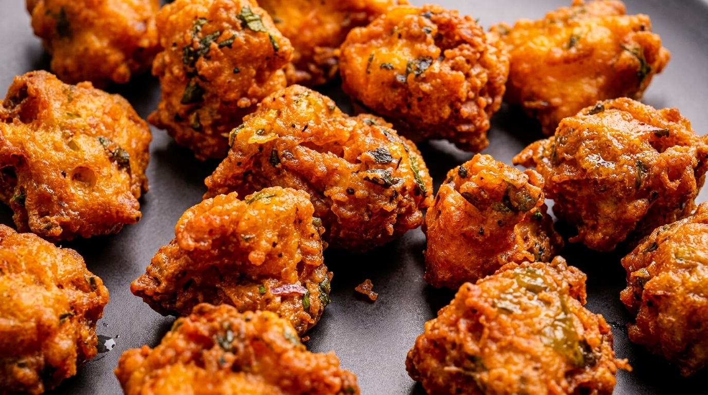 Close-up of golden-brown fried fritters with visible herbs on a dark surface.