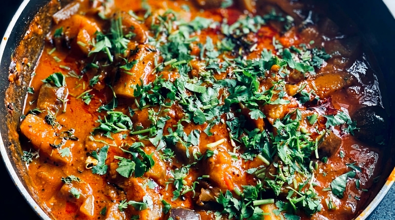 Close-up of a vibrant orange curry with vegetables and fresh green cilantro in a dark pan.