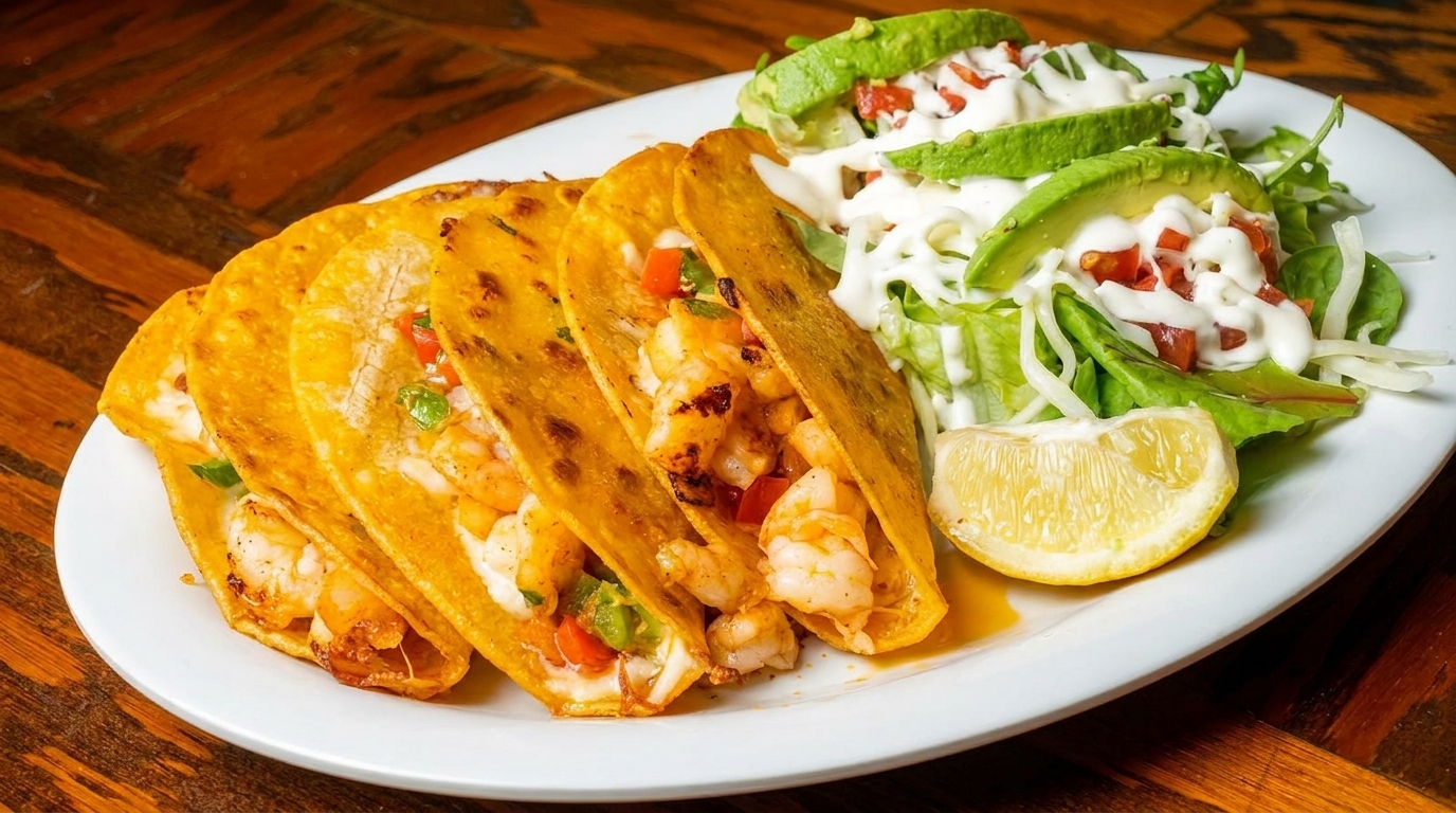 Four shrimp tacos with a side salad topped with avocado, dressing, and a lemon wedge.