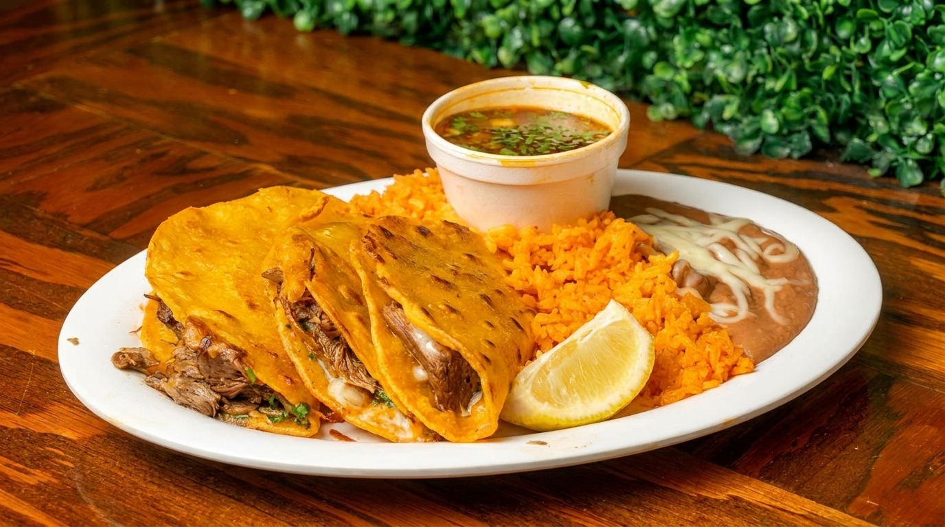 Three birria tacos with rice, refried beans, a lemon wedge, and a cup of consommé.