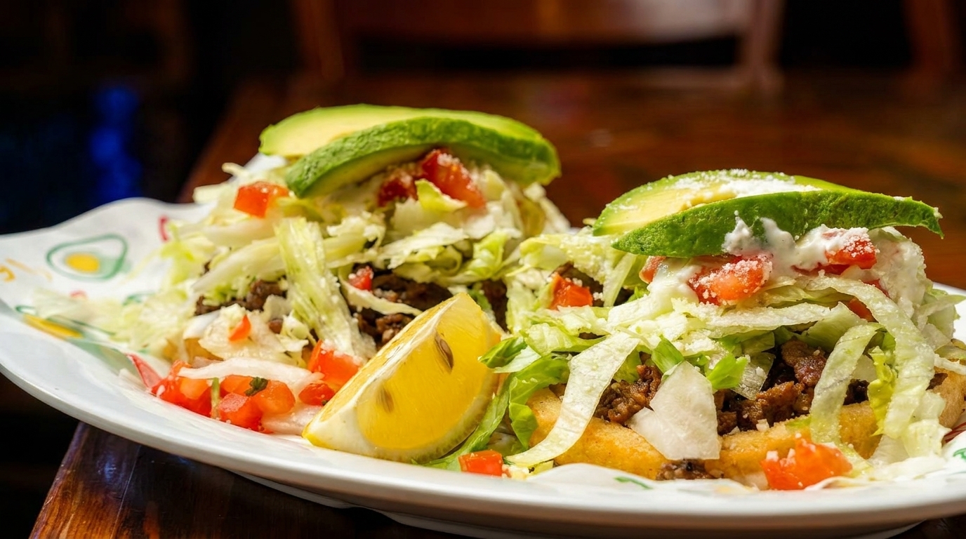 Two loaded sopes with ground beef, lettuce, tomatoes, cheese, sour cream, avocado, and a lemon wedge.