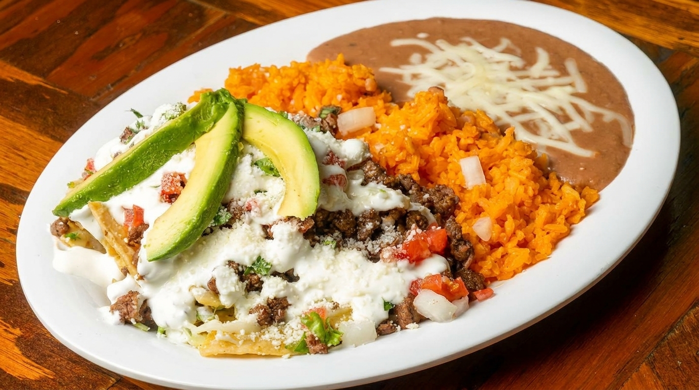 A plate of nachos with ground beef, sour cream, avocado, rice, and refried beans.