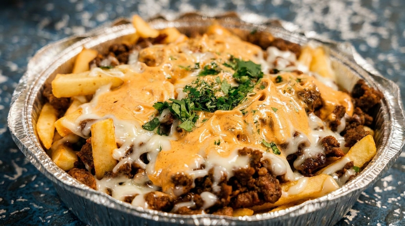 Loaded fries with ground meat, melted cheese, creamy sauce, and fresh cilantro in a foil container.