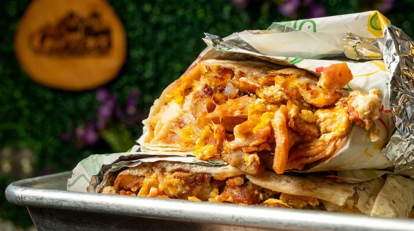 Two large breakfast burritos, overflowing with eggs, cheese, and bacon, in a metal tray.