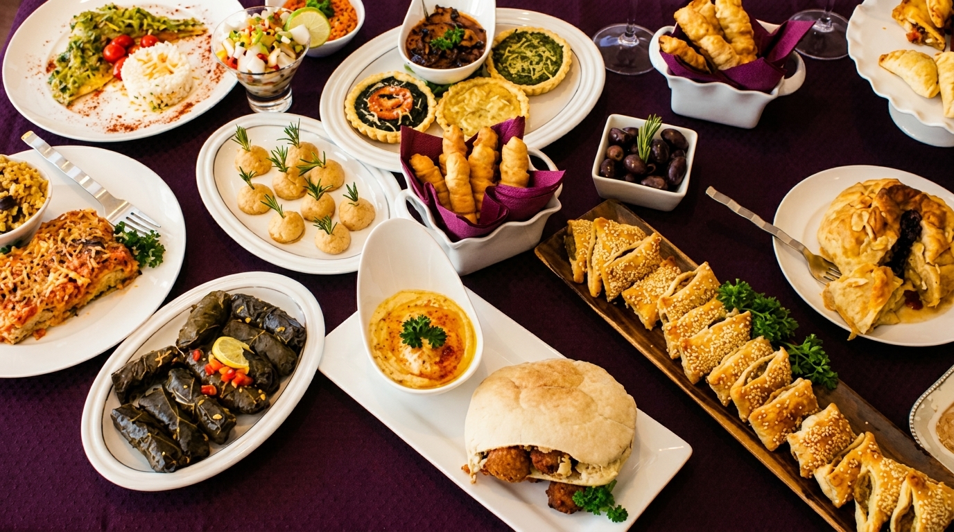 A lavish spread of Mediterranean dishes, including dolmades, pastries, hummus, and various appetizers on a purple tablecloth.