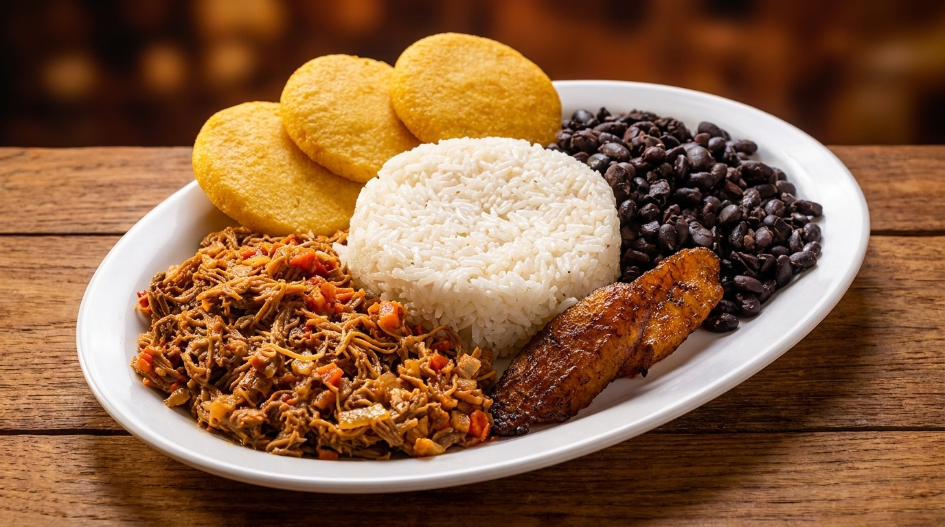 A white plate with shredded beef, white rice, black beans, fried plantain, and three arepas.