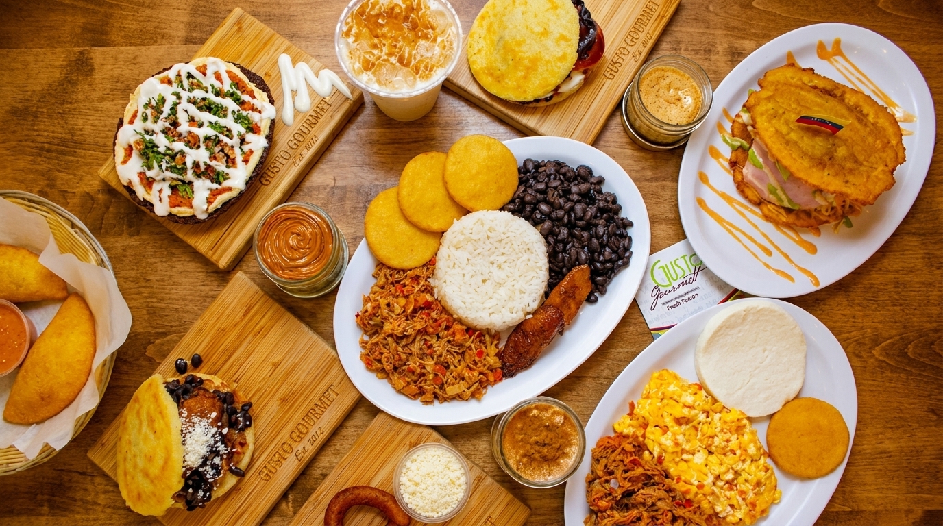 A wooden table filled with various Venezuelan dishes from Gusto Gourmet, including arepas, empanadas, and platters.