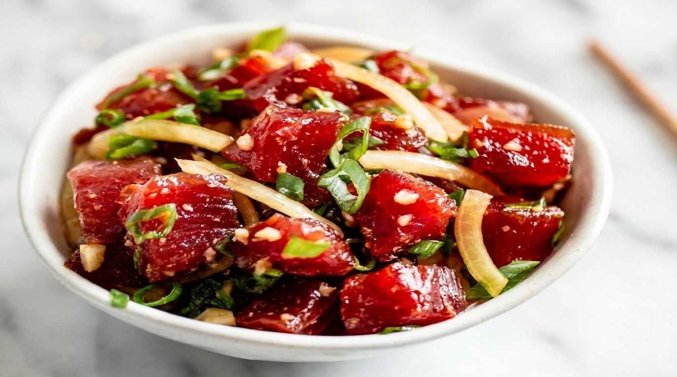 Close-up of a white bowl filled with vibrant red poke, green onions, and white onions.