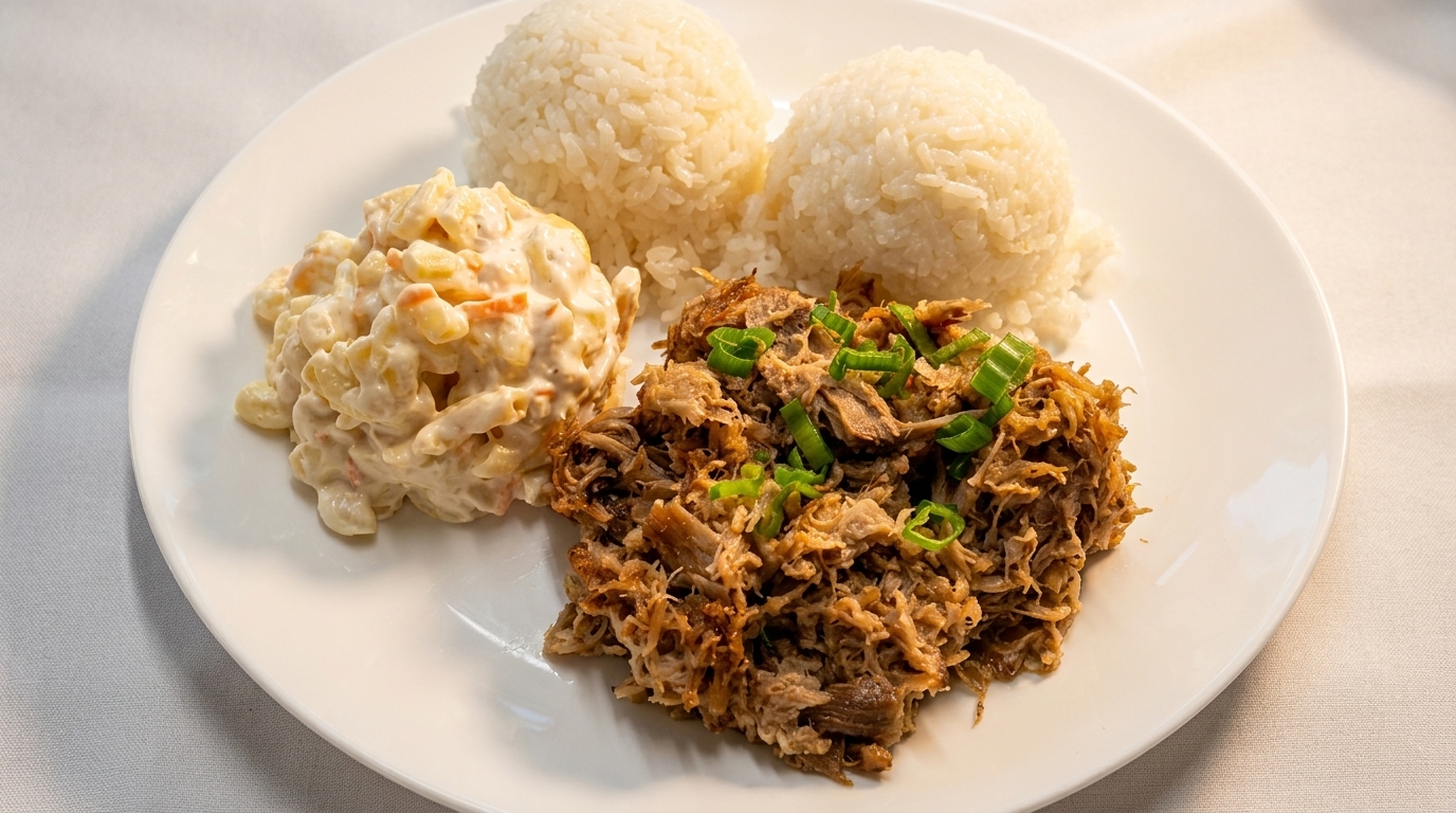 A plate of Hawaiian kalua pig with two scoops of white rice and macaroni salad.