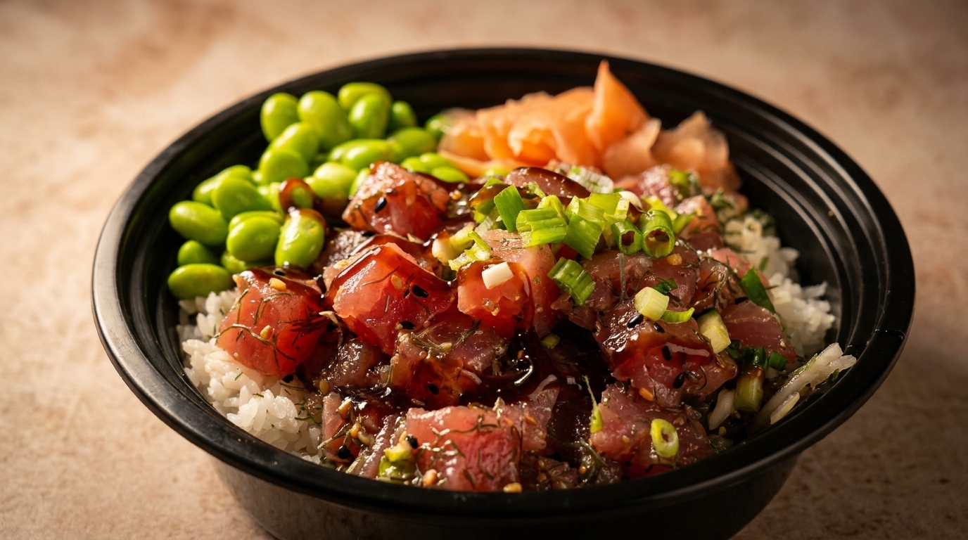 A poke bowl with tuna, edamame, pickled ginger, and green onions over white rice.