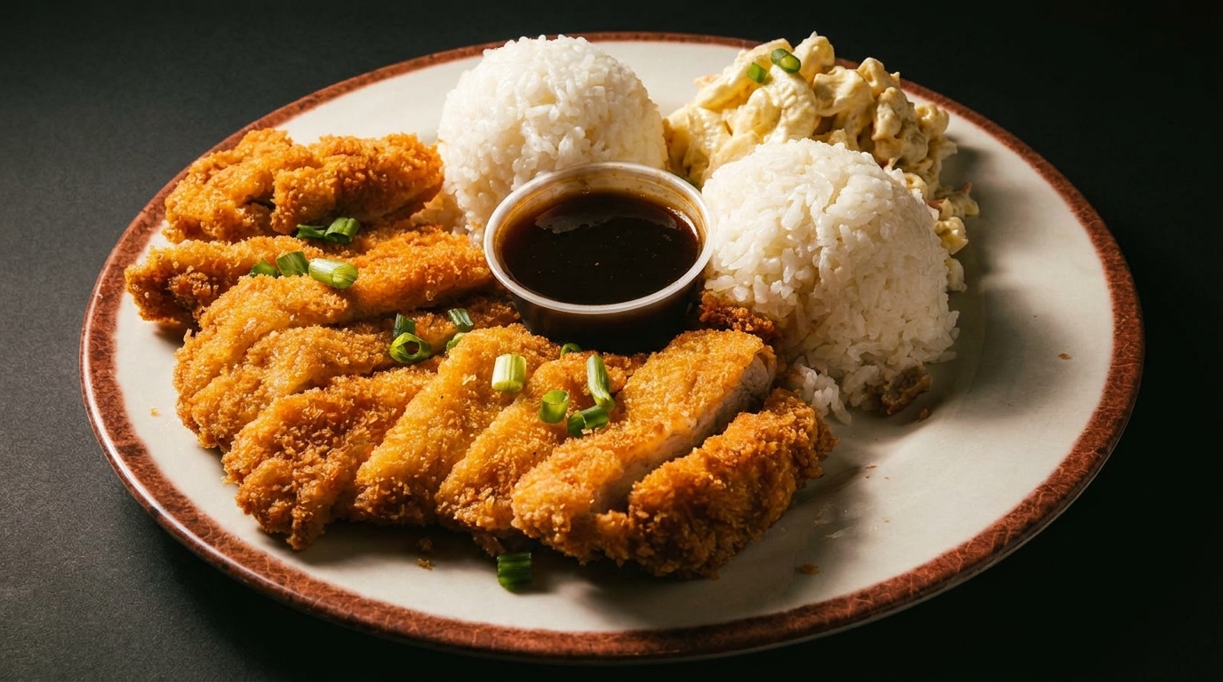 Crispy fried chicken cutlets with rice, macaroni salad, and dipping sauce on a plate.
