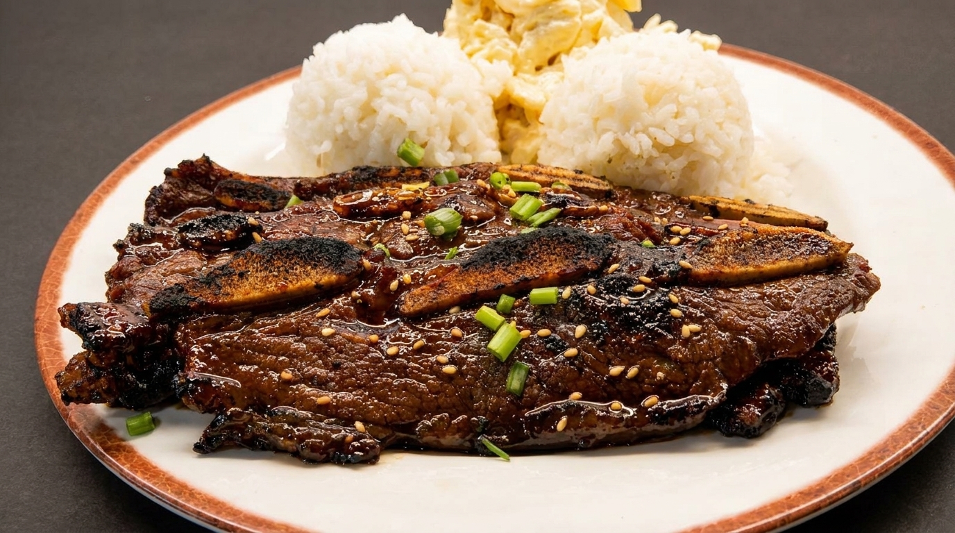 Grilled short ribs with a sweet glaze, sesame seeds, and green onions, served with rice and macaroni salad.