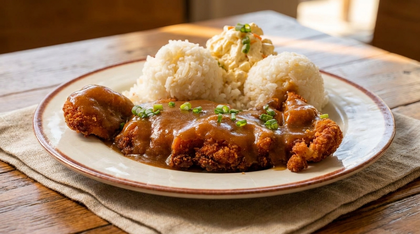 Crispy chicken katsu covered in brown gravy, served with white rice and macaroni salad.
