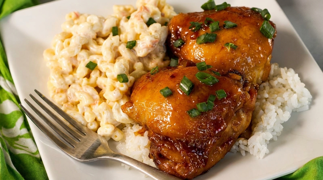 Two glazed chicken thighs with rice and macaroni salad, garnished with green onions.