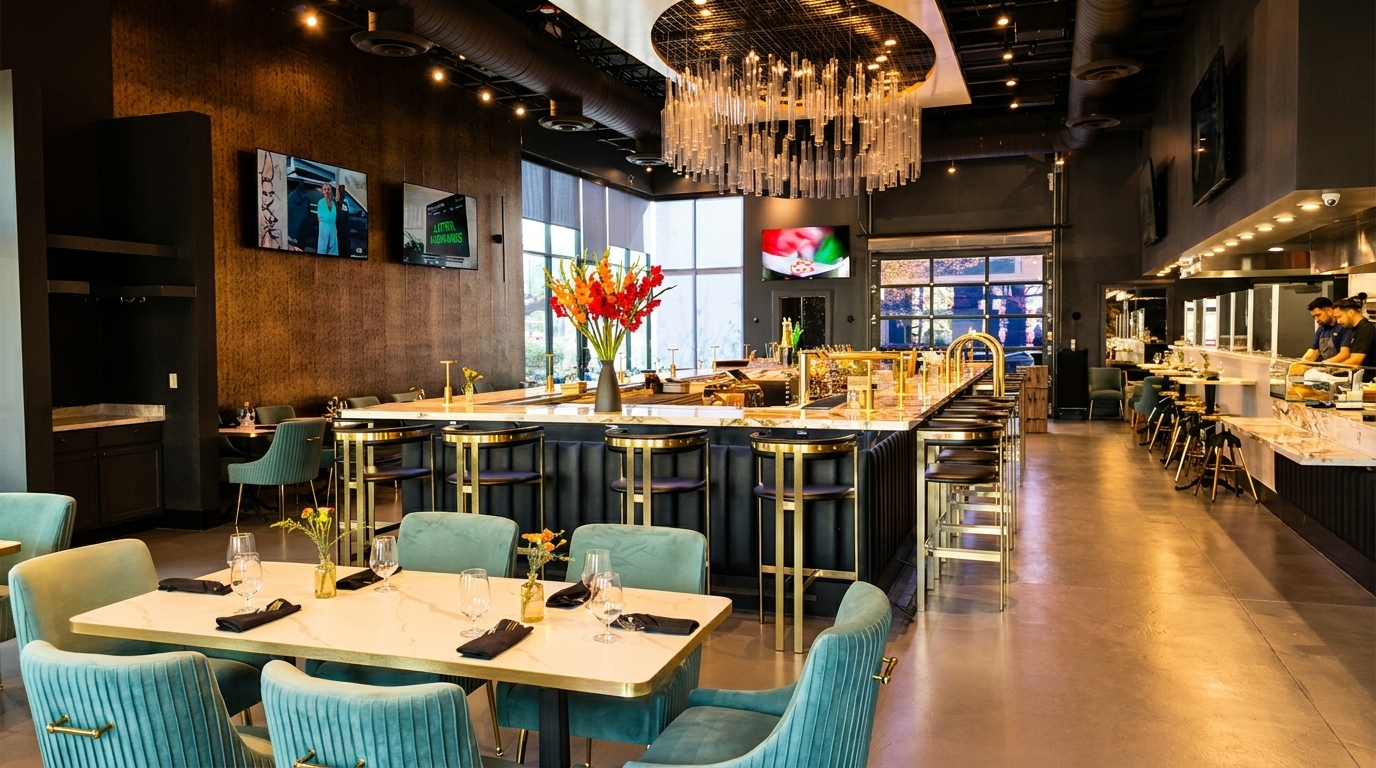 Modern restaurant interior with a long bar, teal chairs, marble tables, and a large chandelier.