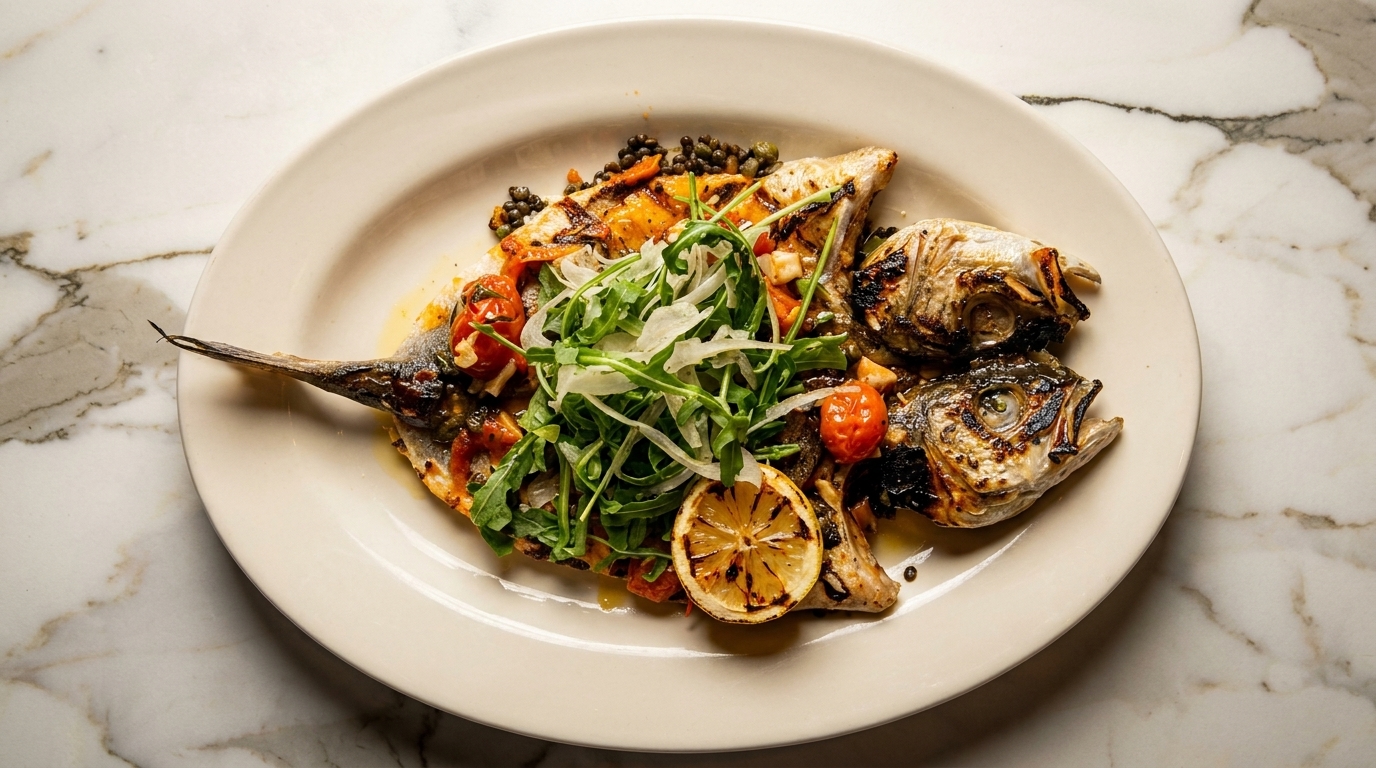 Grilled whole fish with roasted tomatoes, capers, arugula, and a lemon slice on a white plate.