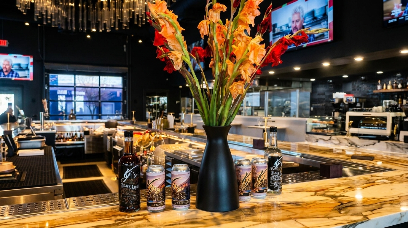 A modern bar with a marble counter, flower vase, bottles, cans, and TVs showing Guy Fieri.